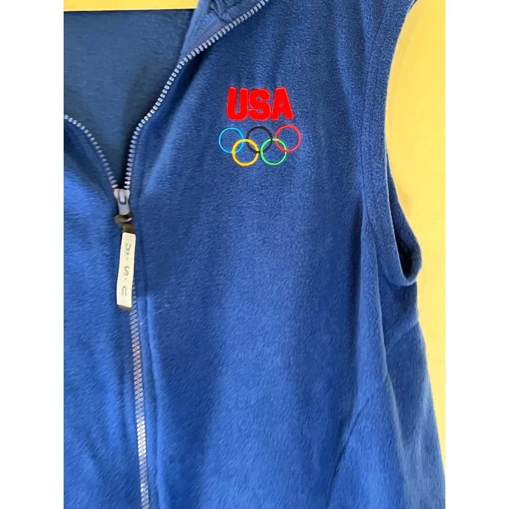 Vintage USA Olympic‎ Fleece Vest Blue Zip Front Embroidered Rings USA